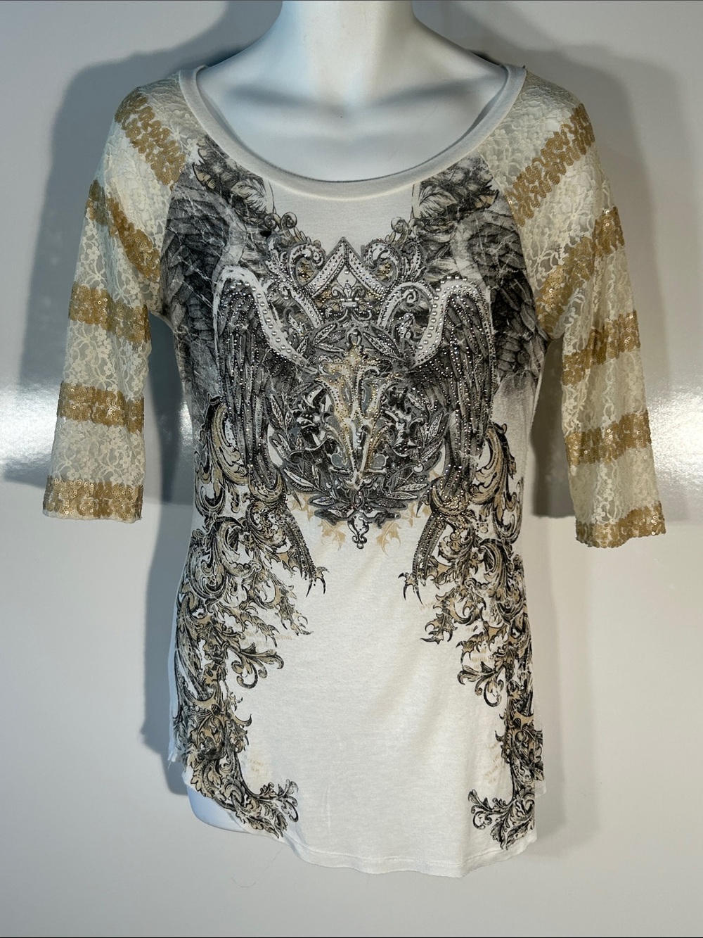 Angels & Diamonds SZ XL Ivory Wings Graphic Beaded T-Shirt Y2K Fairy Ethereal